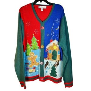 Jolly Sweater Women Size XL V-Neck Ugly Christmas Gingerbread House Holiday Tree